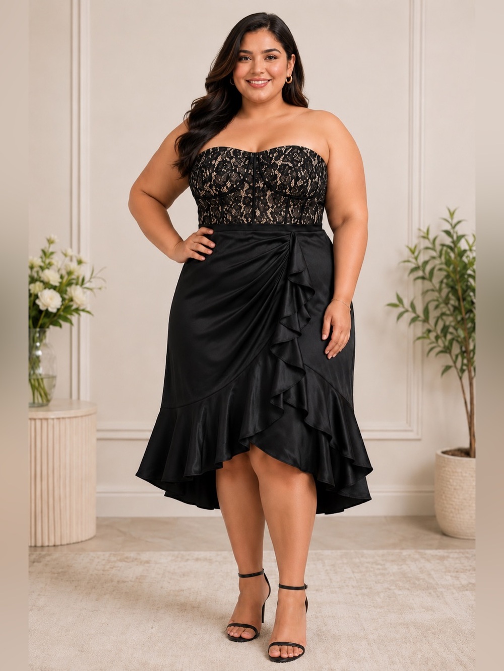 NWT City Chic XXL/24 Black Lace Satin Midi Dress Strapless w/ Optional Straps